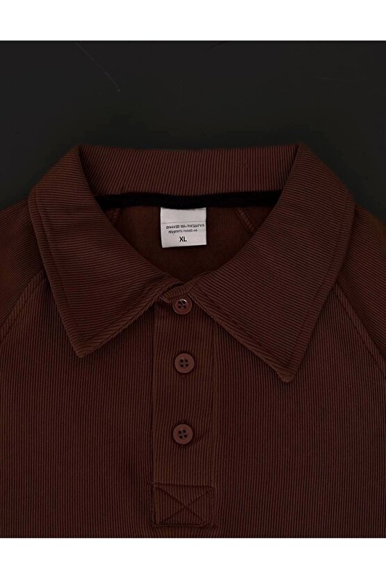 Yakalı Patlı Kısa Kol T-shirt - Kahverengi