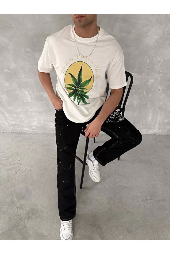 Ön Ve Arka Baskılı Oversize Bisiklet Yaka T-shirt- Beyaz