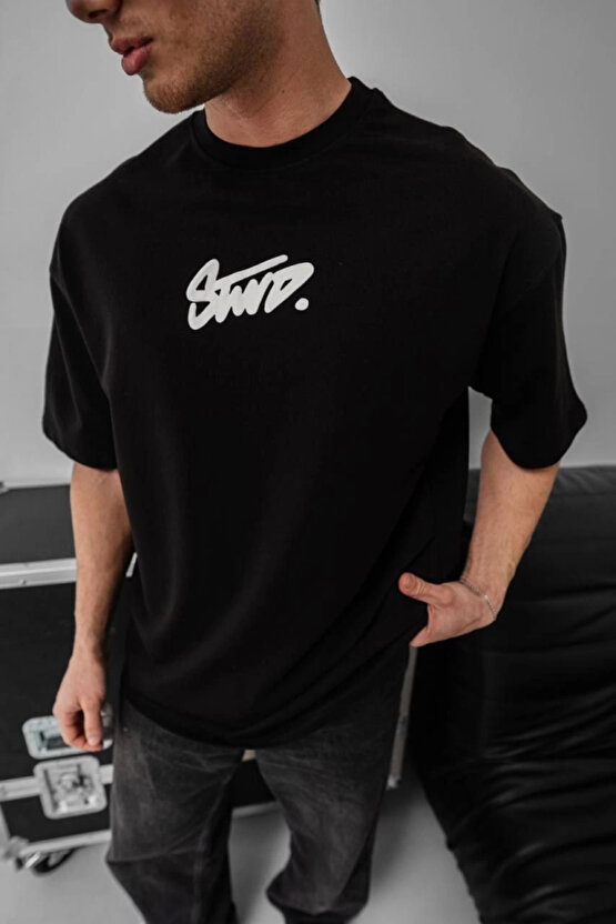 Gökyüzü Moda Erkek Baskılı Oversize T-shirt - Siyah