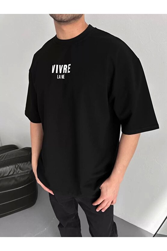 Baskılı Oversize Bisiklet Yaka T-shirt - Siyah