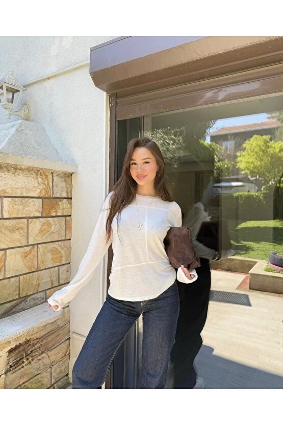 Bisiklet Yaka uzun Kollu Bluz - Beyaz