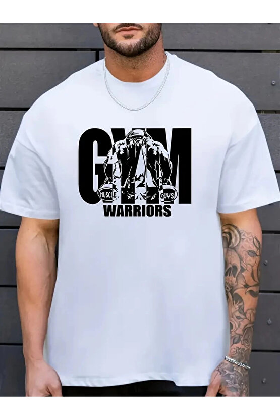 Sporda Günlük Hayata Giyilebilir GYM Baskılı Oversize Bisiklet Yaka Erkek T-shirt - Beyaz