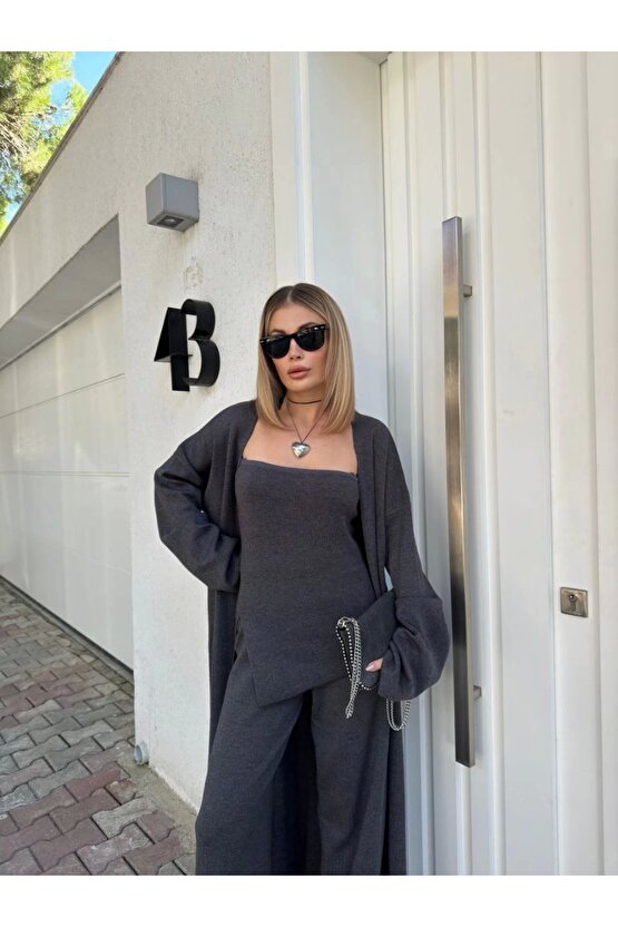 Kadın Triko Üçlü Takım - Füme