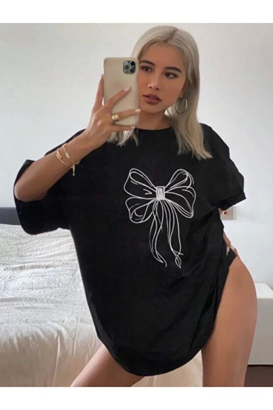 Kadın Baskılı Oversize T-shirt - Siyah