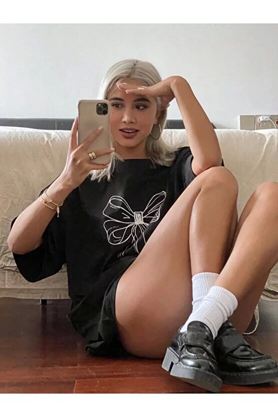 Kadın Baskılı Oversize T-shirt - Siyah