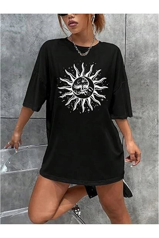 Kadın Bisiklet Yaka Baskılı T-shirt - Siyah