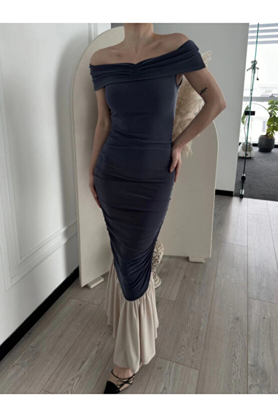 MDB triptiz Omuzlu Uzun Elbise Füme