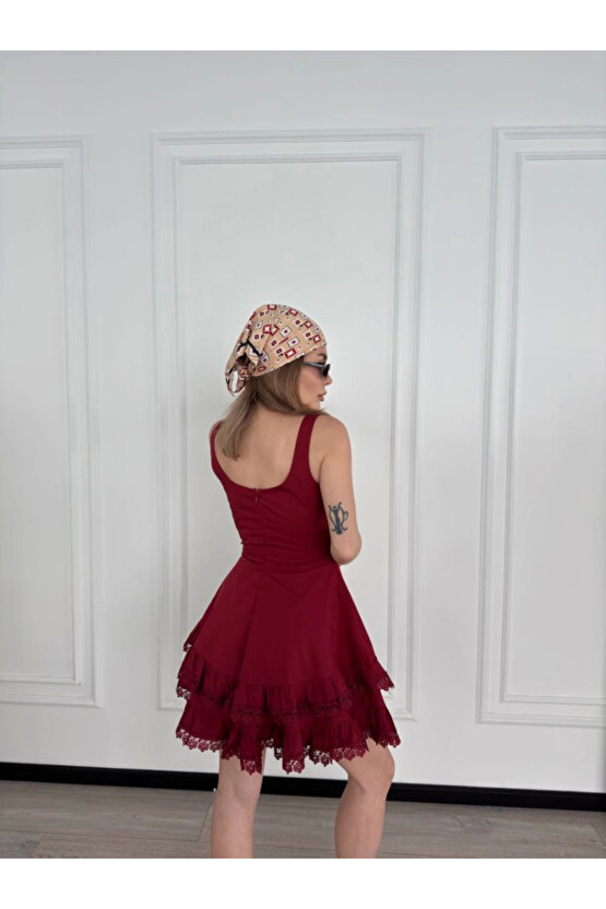 Mini Askılı Elbise - Bordo