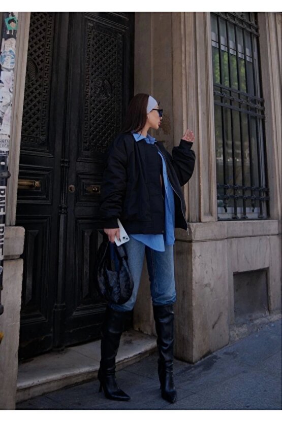 Cepli Bomber Ceket Mont - Siyah