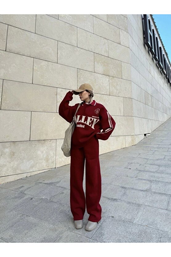 Üç İplik Yakalı Sweat Baggy Pantalonlu Takım - Bordo