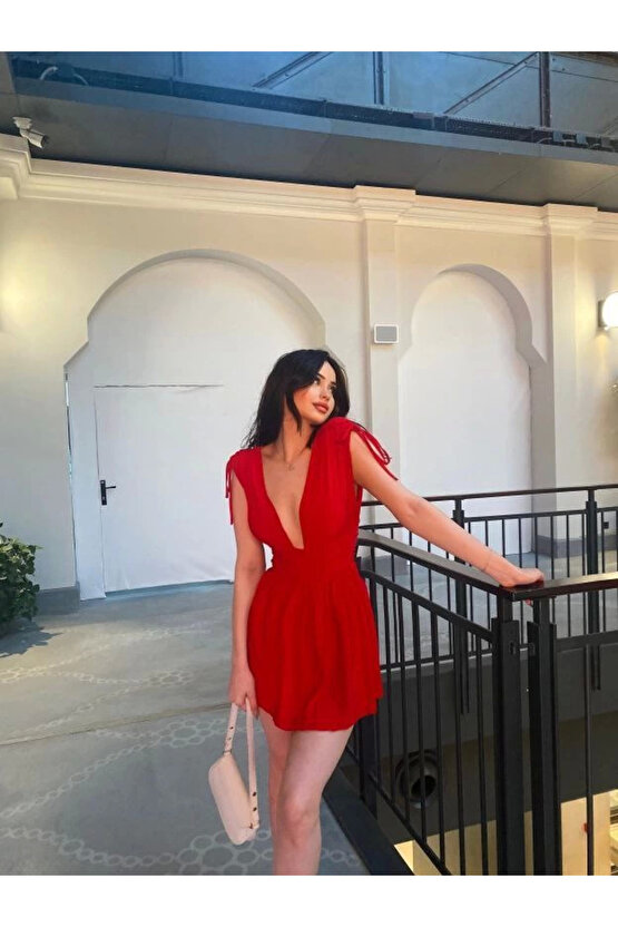 Omuzu Ip Askılı Şortlu Elbise - Kırmızı