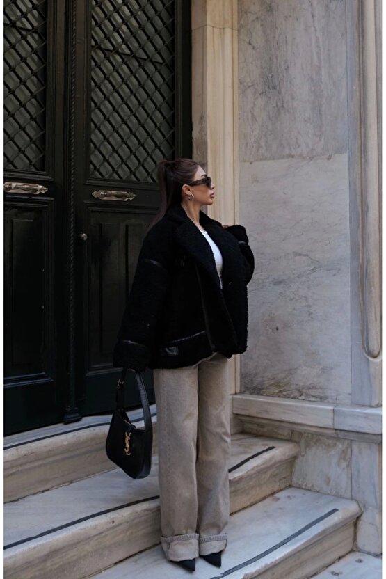 Cıt Cıt Detaylı Peluş Mont Ceket - Siyah