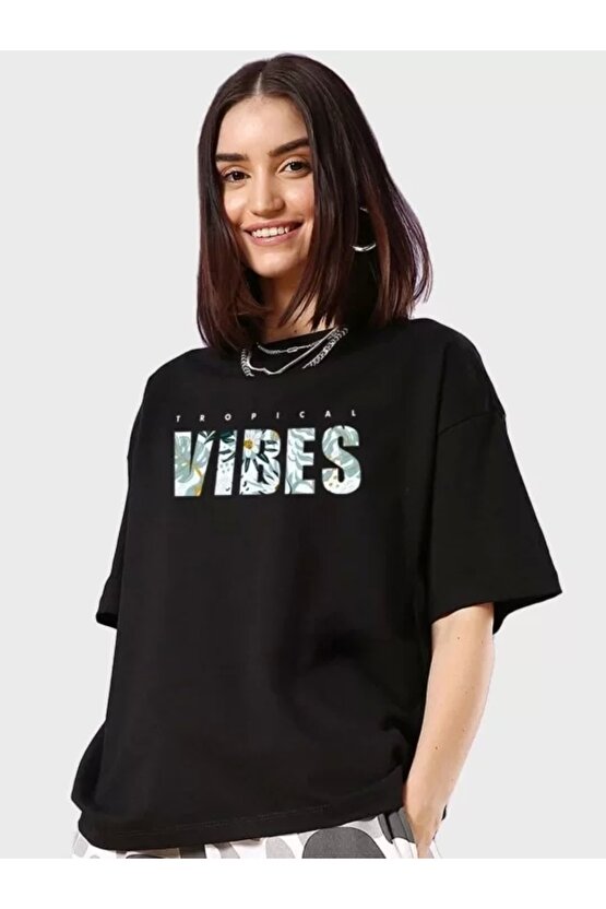 Kadın Baskılı Oversize T-shirt - Siyah