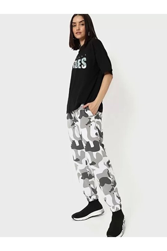 Kadın Baskılı Oversize T-shirt - Siyah