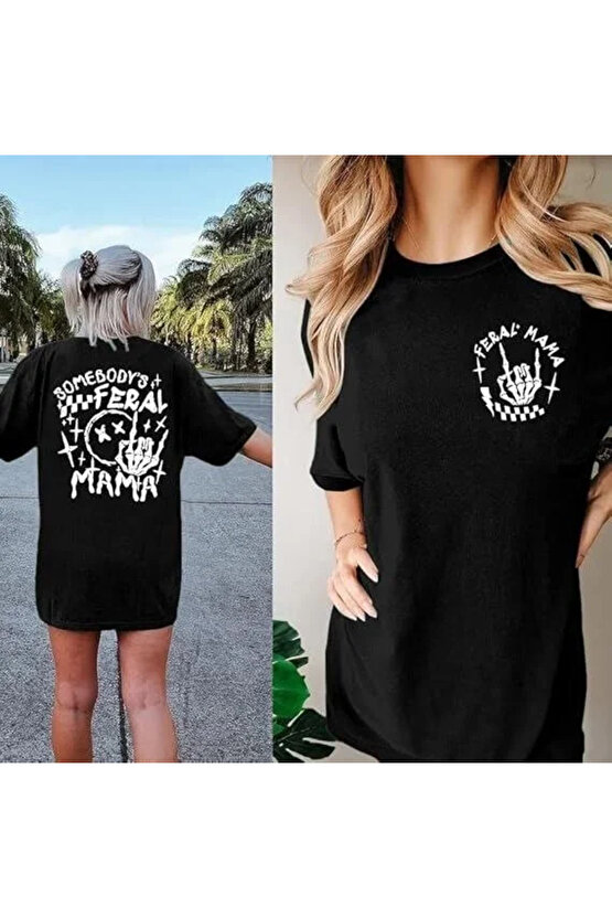 Kadın Bisiklet Yaka Baskılı T-shirt - Siyah