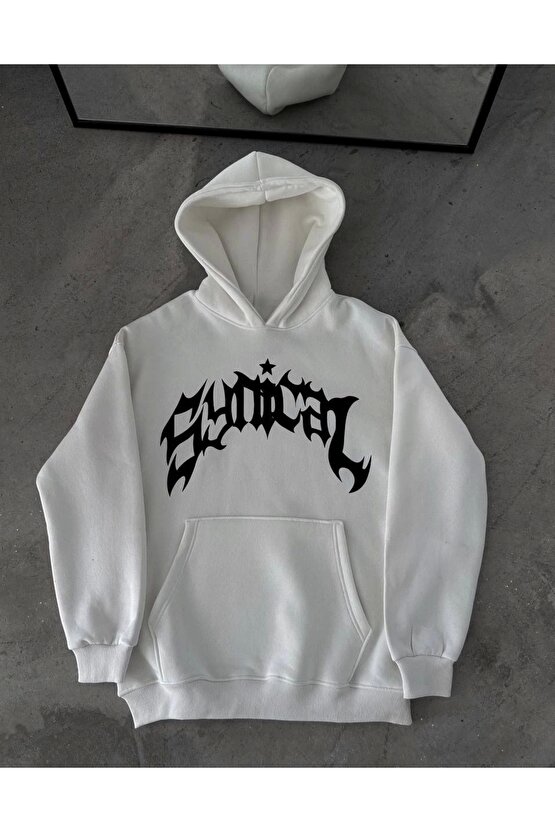 Üç İplik Kapüşonlu Baskılı Oversize SweatShirt- Beyaz