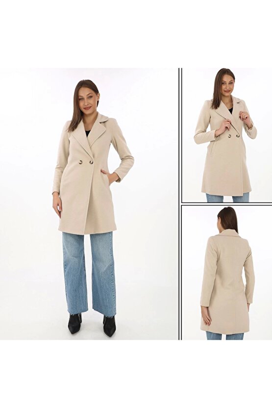 Düğmeli İçi Astarlı Kadın Kaşmir Kaşe Kaban - Bej