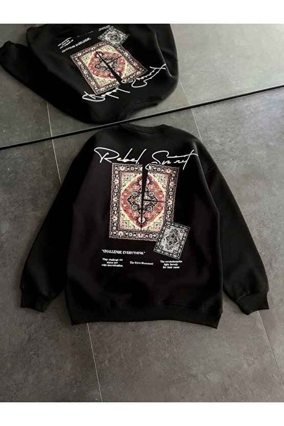 Kadın Bisiklet Yaka Baskılı SweatShirt - Siyah