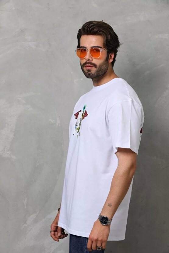 Unisex Bisiklet Yaka Baskılı Oversize T-Shirt - Beyaz