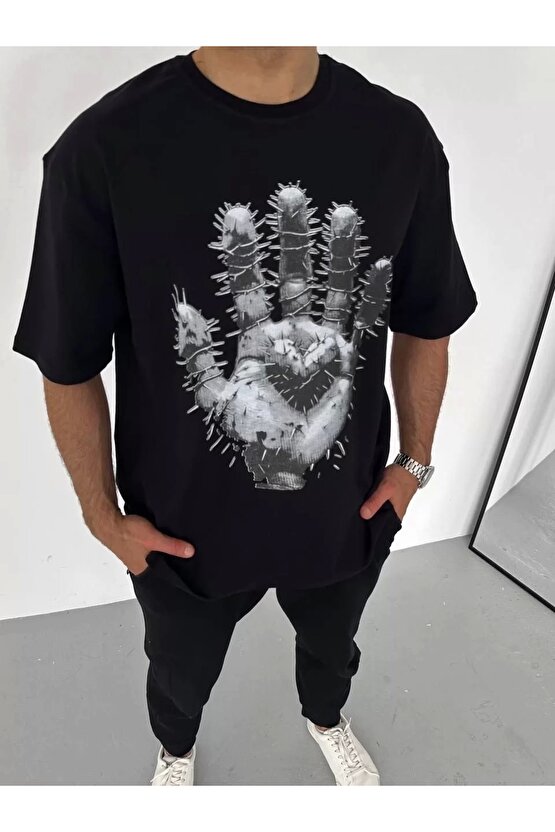 Unisex Bisiklet Yaka Baskılı Oversize T-Shirt - Siyah