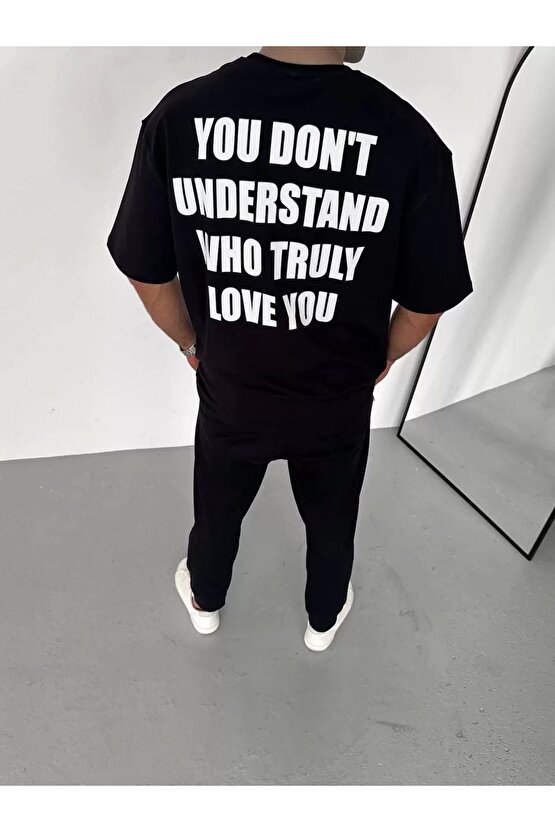 Unisex Bisiklet Yaka Baskılı Oversize T-Shirt - Siyah