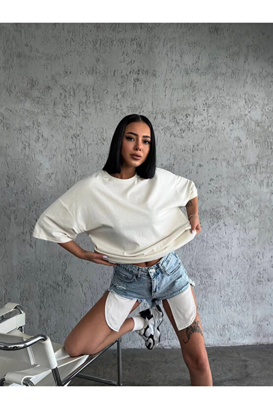 Unisex Düz Biskilet Yaka Oversize T-shirt - Beyaz