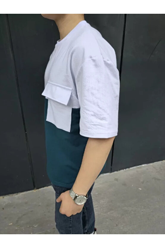 Unisex Torba Cep Detaylı Parçalı T-Shirt - Lacivert