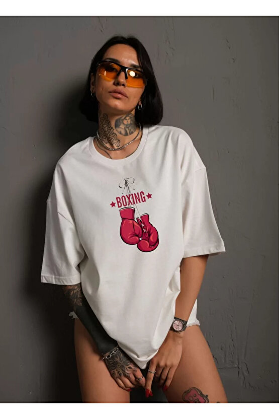 Unisex Bisiklet Yaka Baskılı Oversize T-Shirt - Beyaz