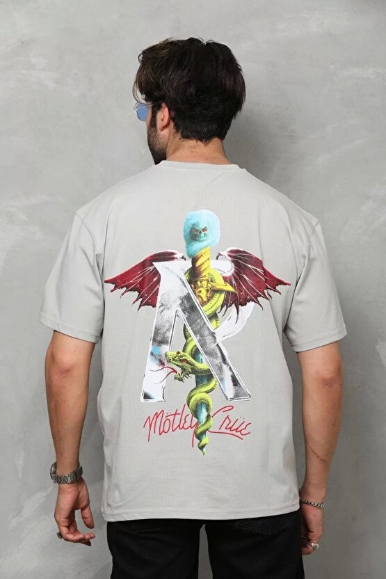 Unisex Bisiklet Yaka Baskılı Oversize T-Shirt - Gri