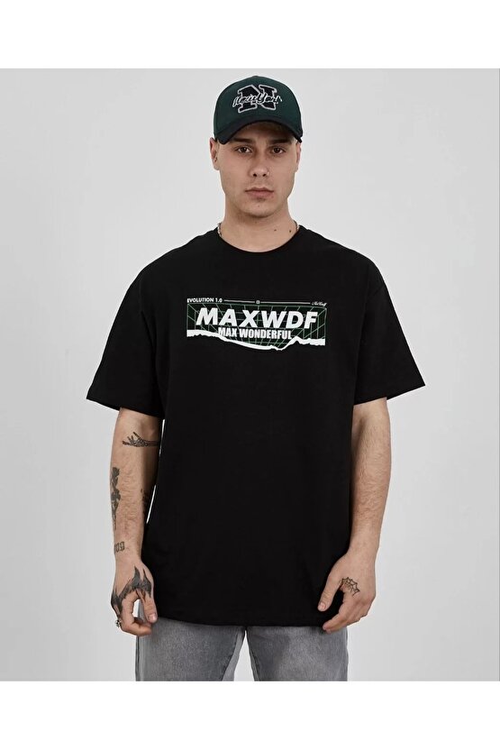 Unisex Bisiklet Yaka Baskılı Oversize T-Shirt - Siyah