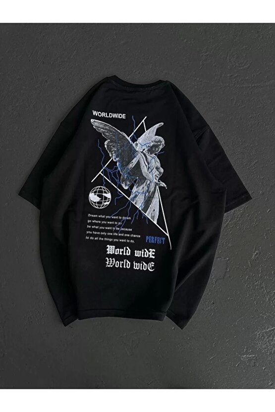 Unisex Bisiklet Yaka Baskılı Oversize T-Shirt - Siyah