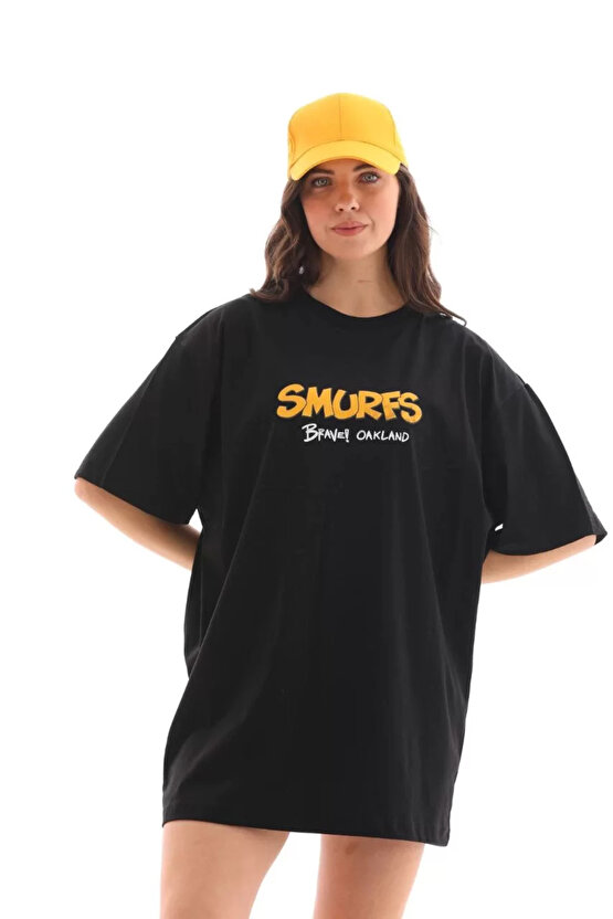 Unisex Bisiklet Yaka Baskılı Oversize T-Shirt - Siyah