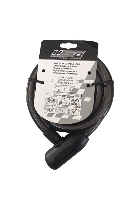 Bisiklet Çelik Halat Kilit 15x1500 Siyah A+++kalite Kilit 1,5 Mt