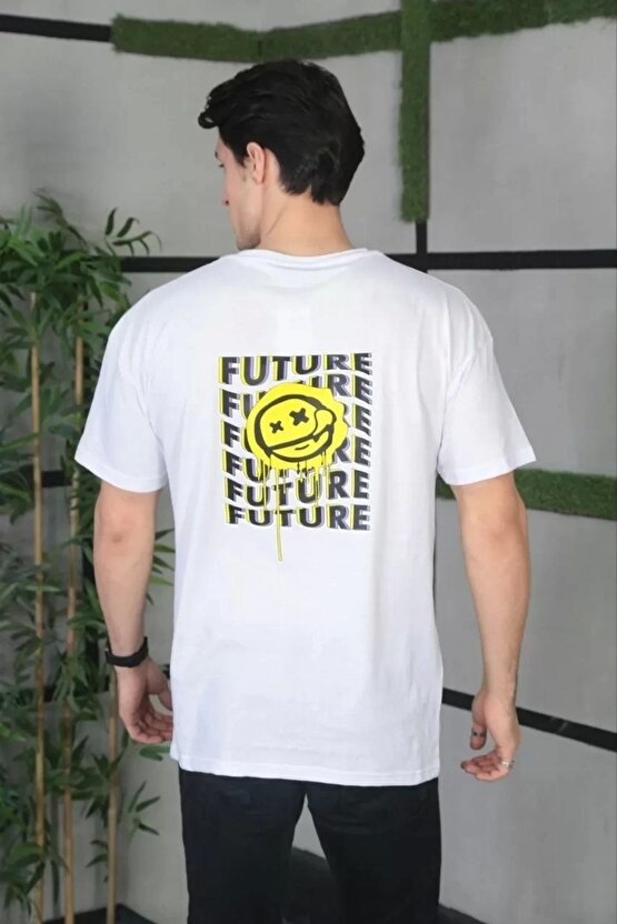 Unisex Bisiklet Yaka Baskılı Oversize T-Shirt - Beyaz