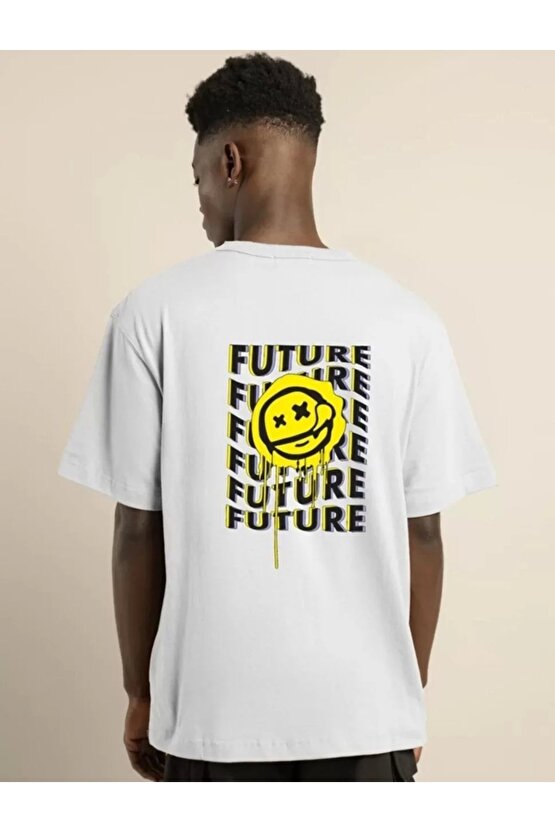 Unisex Bisiklet Yaka Baskılı Oversize T-Shirt - Beyaz