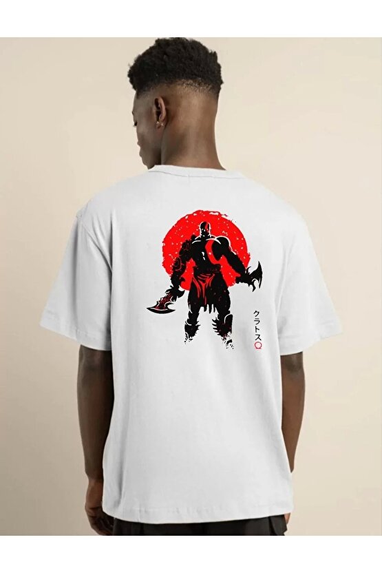 Unisex Bisiklet Yaka Baskılı Oversize T-Shirt - Beyaz