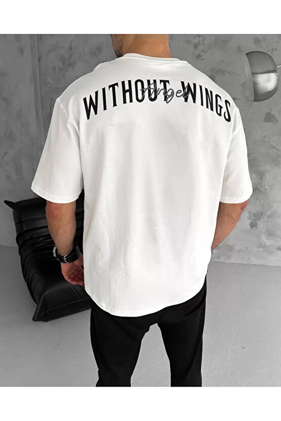 Unisex Bisiklet Yaka Baskılı Oversize T-Shirt - Beyaz