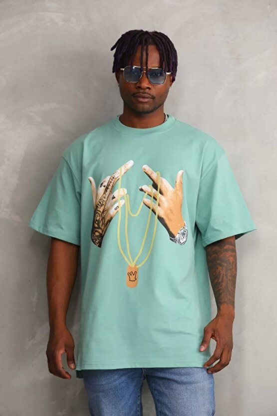 Unisex Baskılı Oversize T-Shirt - Mint Yeşili