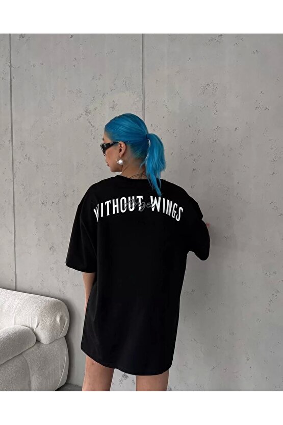 Unisex Bisiklet Yaka Baskılı Oversize T-Shirt - Siyah