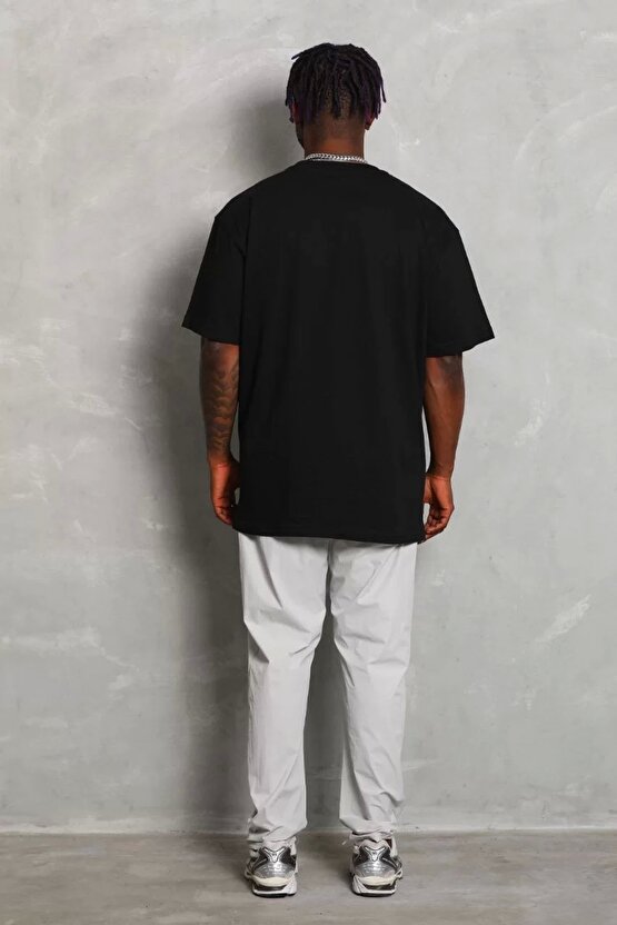 Unisex Oversize Düz Bisiklet Yaka T-Shirt - Siyah