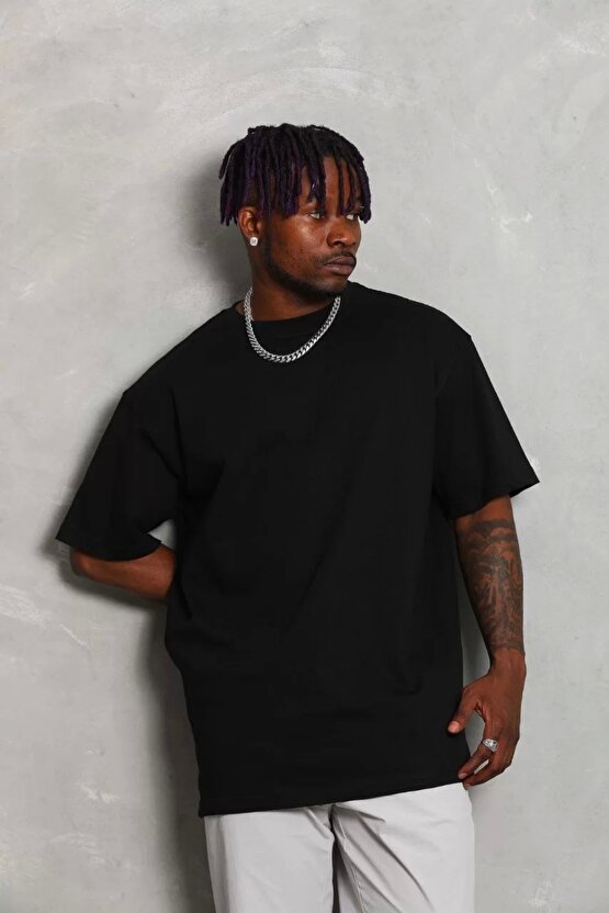 Unisex Oversize Düz Bisiklet Yaka T-Shirt - Siyah