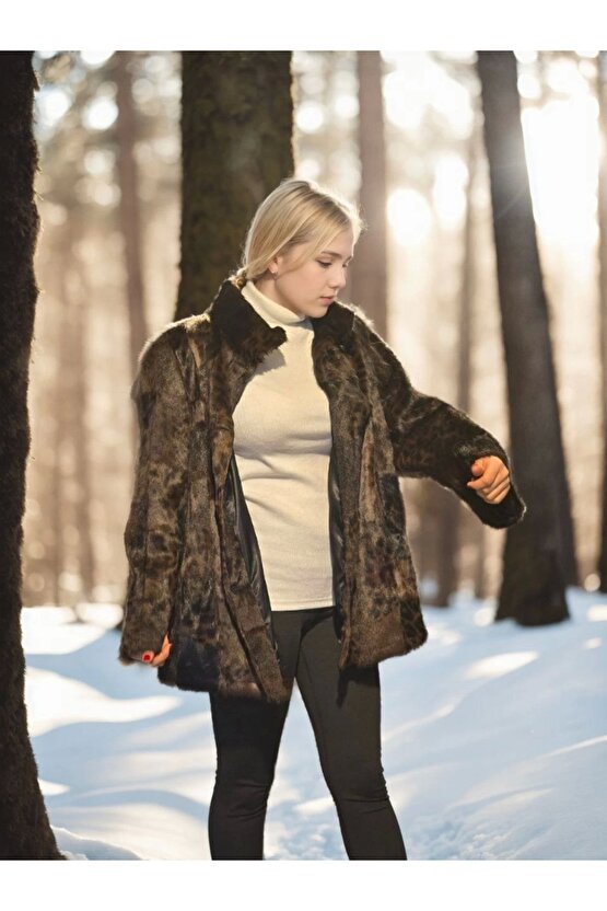 Kadın Uzun Kollu Deri Ceket - Leopar