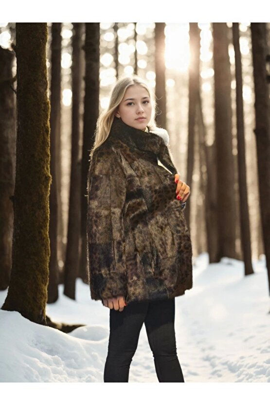 Kadın Uzun Kollu Deri Ceket - Leopar