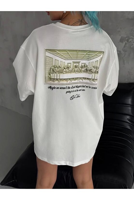 Unisex Baskılı Oversize T-Shirt - Beyaz