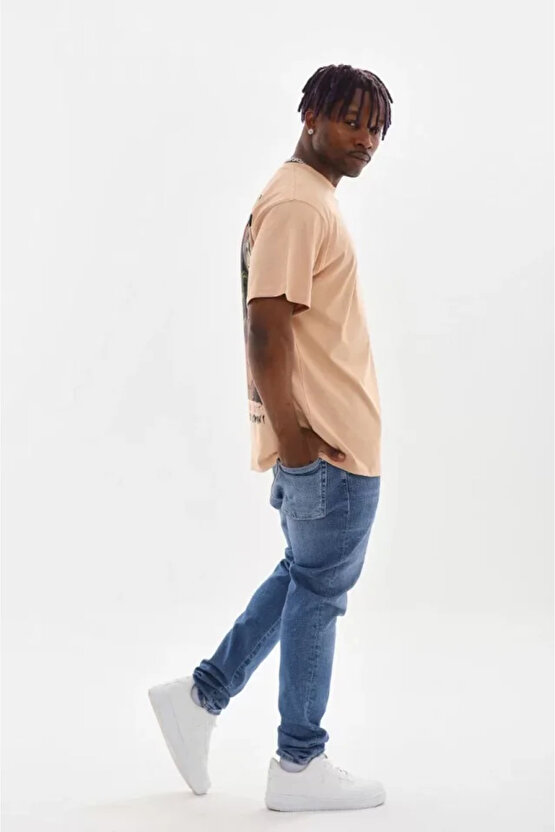 Gökyüzü Moda Unisex Baskılı Oversize T-Shirt - Bej