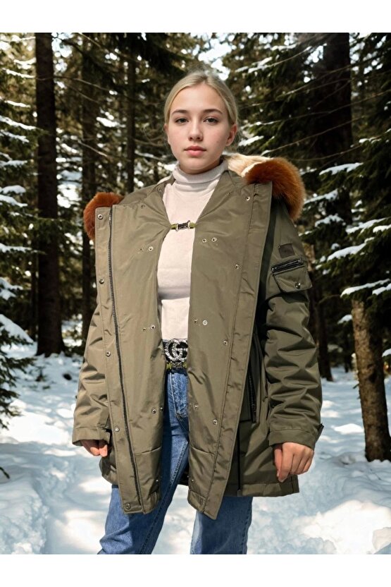 Kadın Su Geçirmez Kapüşonlu Mont - Haki