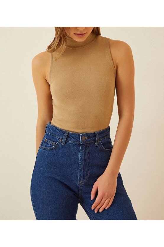 Kadın Full Likralı Fitilli Kaşkorse Yarım Boğazlı Body Fitilli Atlet