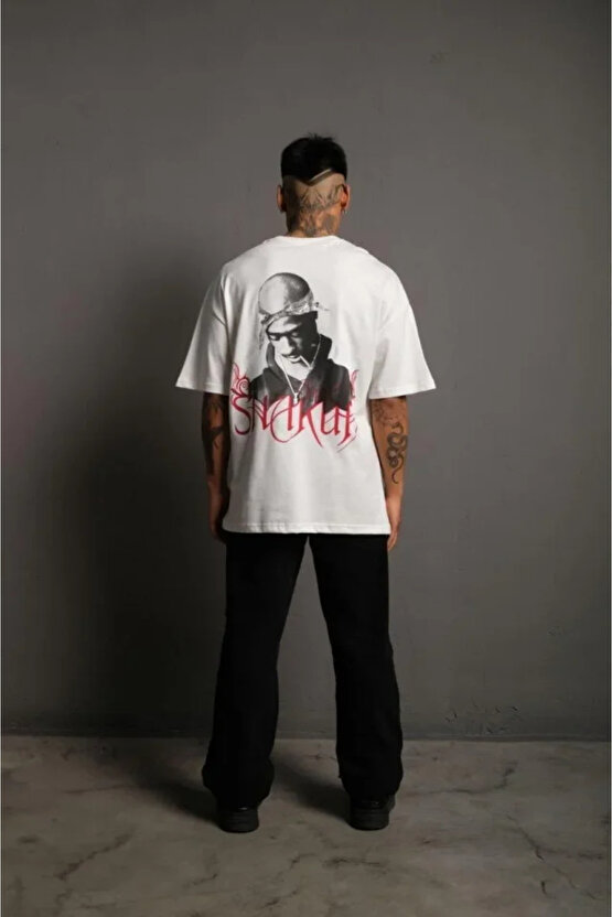 Erkek Oversize Tişört – Beyaz 241 Penye Kumaş, Bisiklet Yaka, Ön & Arka Baskılı, Streetwear Tarzı R