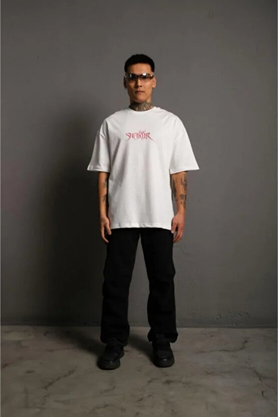 Erkek Oversize Tişört – Beyaz 241 Penye Kumaş, Bisiklet Yaka, Ön & Arka Baskılı, Streetwear Tarzı R