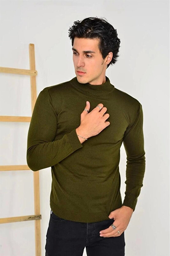 Velmora Tam Balıkçı Yaka Düz Renk Kazak - Yeşil -VLMR